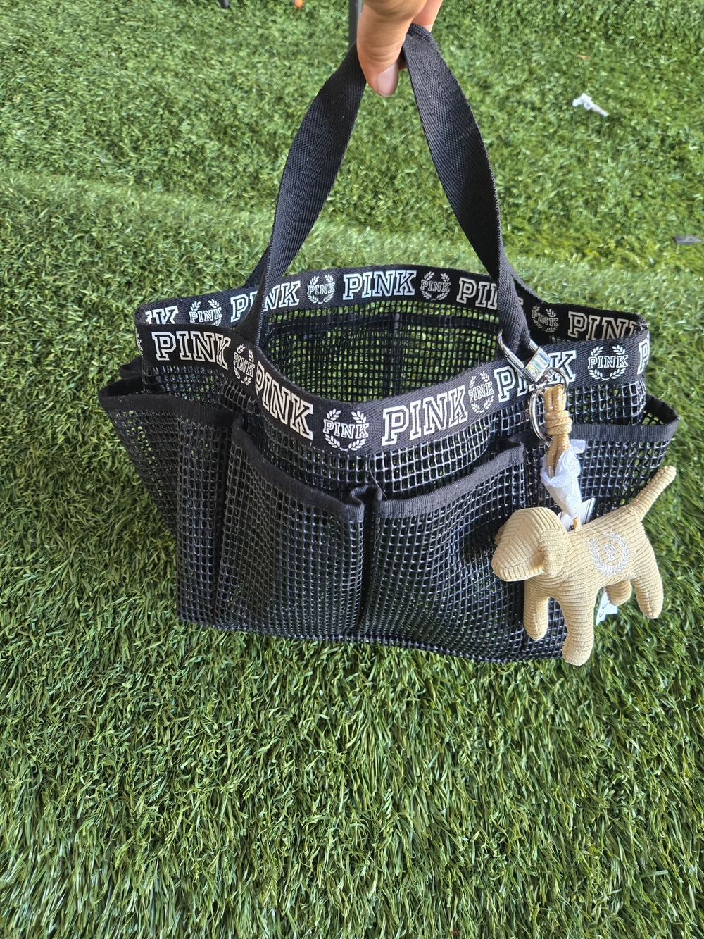 PINK Victoria's Secret Black Mesh Mini  Tote with and Tan Dog Charm